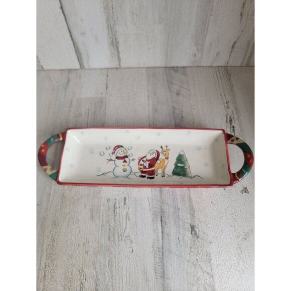 Tabletops Gallery winter Land Santa Claus reindeer ceramic bread tray - Picture 1 of 7